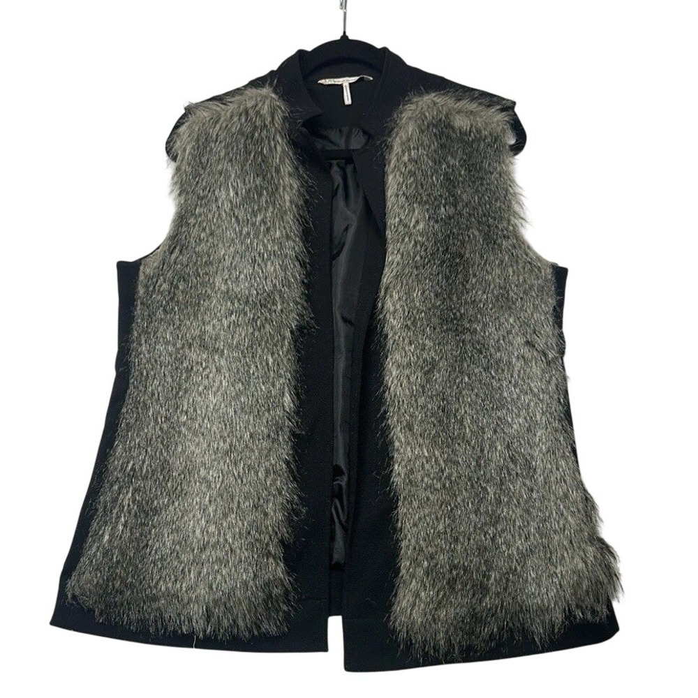 French Connection Faux Fur‎ Vest Womens L Black Grey FCFK4408 Open Front Chic